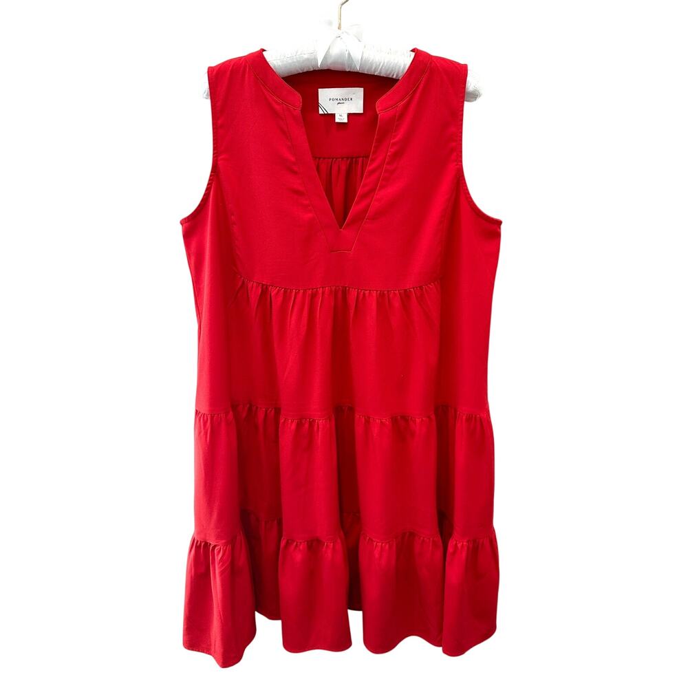 POMANDER PLACE | Red Tiered Shift Dress Sleeveless V-Neck Preppy Summer | XL